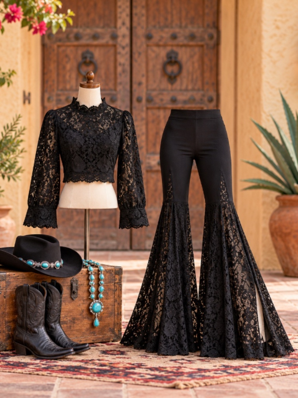 Western Fashion Black Lace Flare Pants + Victorian Lace Crop Blouse